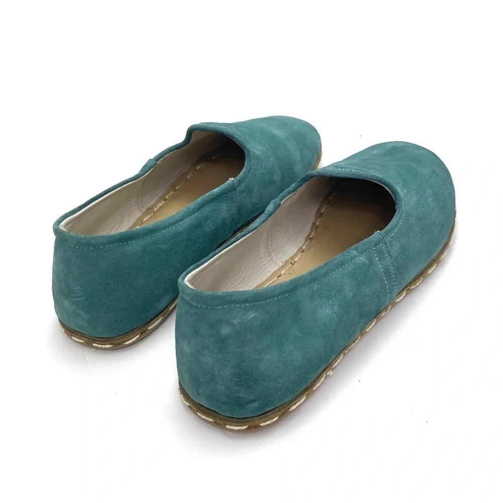 THE Bespoky Suede Handmade Flat Slip On Loafer In Aqua green Size 41
